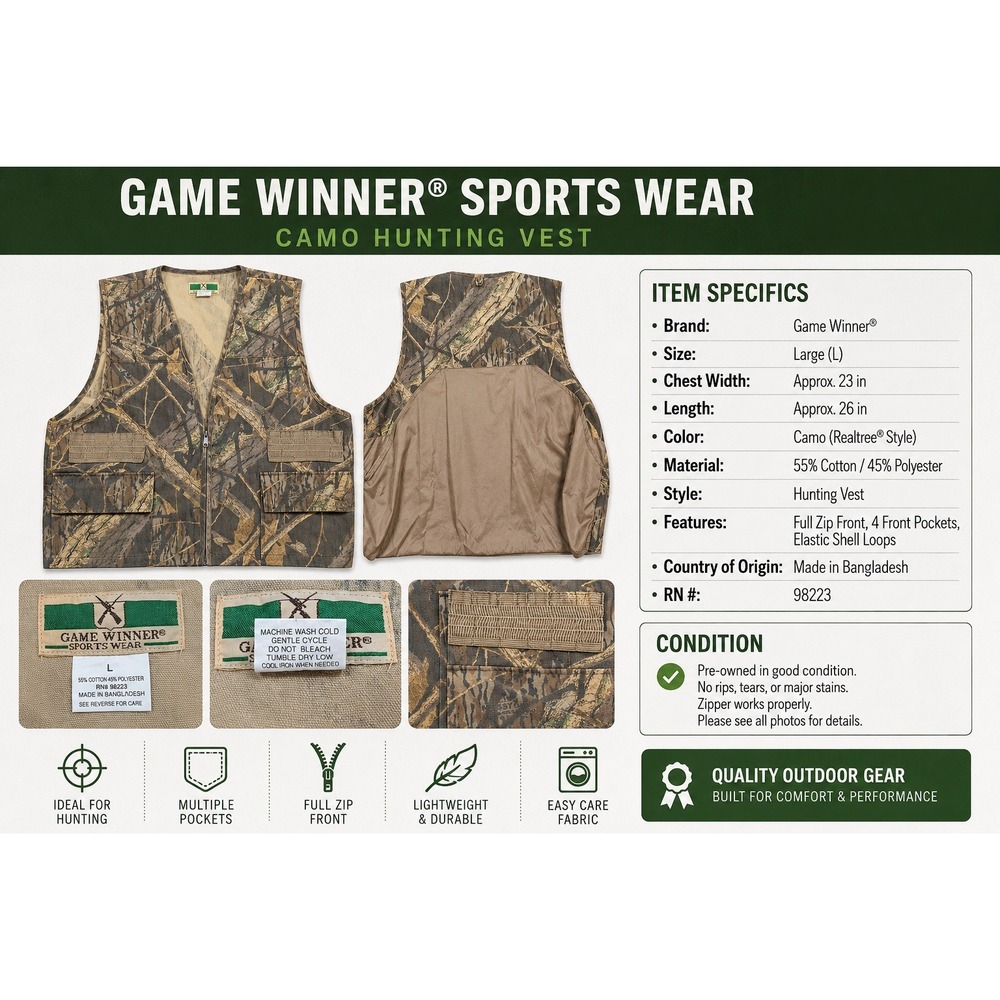 Game Winner Mossy Oak Camo Hunting Vest Mens Large Shell Loops Game Bag Zp Front